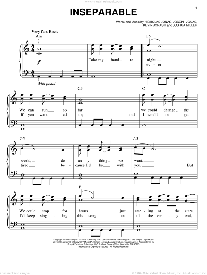 Inseparable sheet music for piano solo by Jonas Brothers, Joseph Jonas, Joshua Miller, Kevin Jonas II and Nicholas Jonas, easy skill level