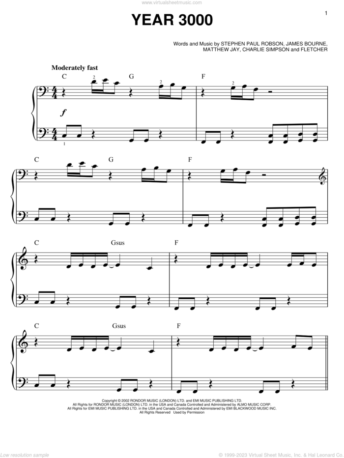 Year 3000 sheet music for piano solo by Jonas Brothers, Busted, Charlie Simpson, Fletcher, James Bourne, Matthew Jay and Steve Robson, easy skill level