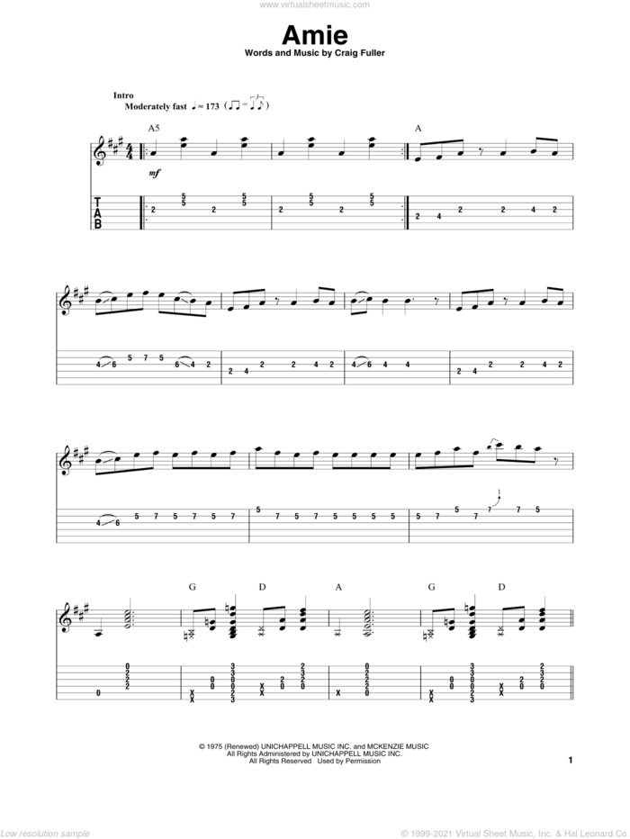 Amie sheet music for guitar (tablature, play-along) by Pure Prairie League and Craig Fuller, intermediate skill level