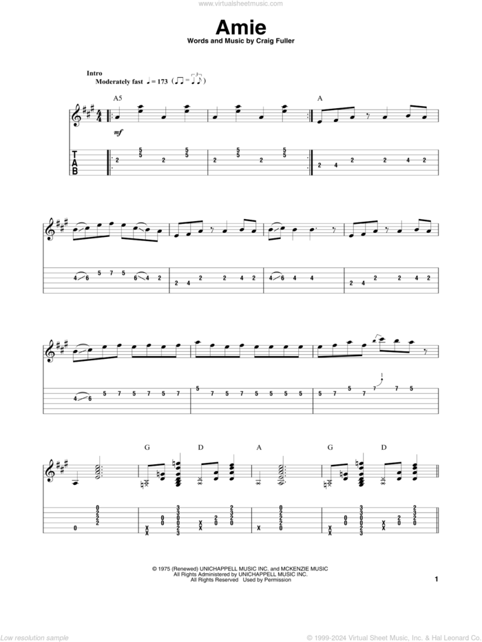 Amie sheet music for guitar (tablature, play-along) by Pure Prairie League and Craig Fuller, intermediate skill level