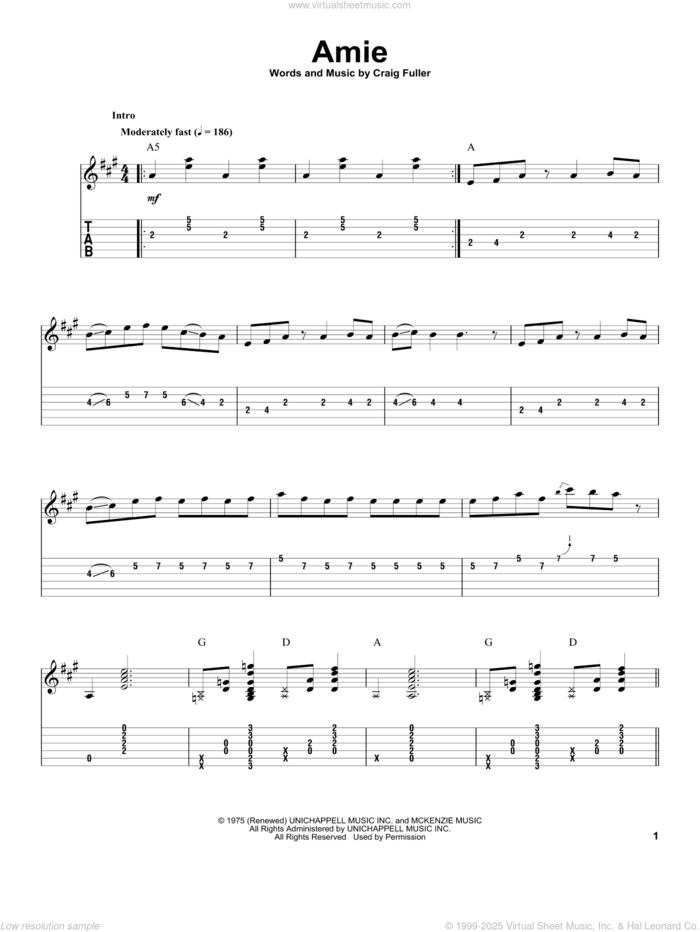 Amie sheet music for guitar (tablature, play-along) by Pure Prairie League and Craig Fuller, intermediate skill level