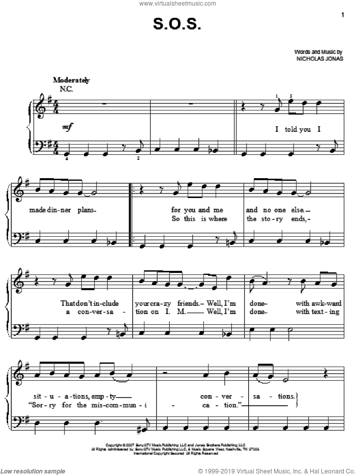 S.O.S. sheet music for piano solo by Jonas Brothers and Nicholas Jonas, easy skill level