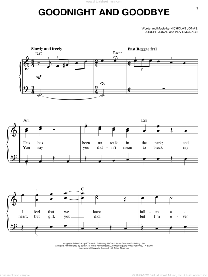 Goodnight And Goodbye sheet music for piano solo by Jonas Brothers, Joseph Jonas, Kevin Jonas II and Nicholas Jonas, easy skill level