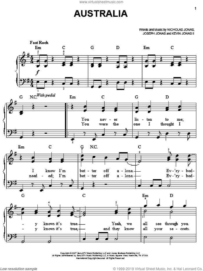 Australia sheet music for piano solo by Jonas Brothers, Joseph Jonas, Kevin Jonas II and Nicholas Jonas, easy skill level