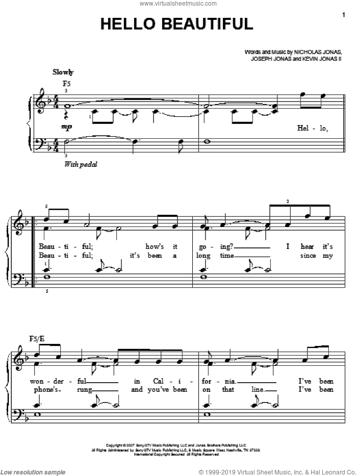 Hello Beautiful sheet music for piano solo by Jonas Brothers, Joseph Jonas, Kevin Jonas II and Nicholas Jonas, easy skill level