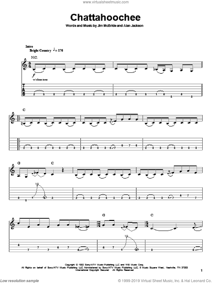 Chattahoochee sheet music for guitar (tablature, play-along) by Alan Jackson and Jim McBride, intermediate skill level