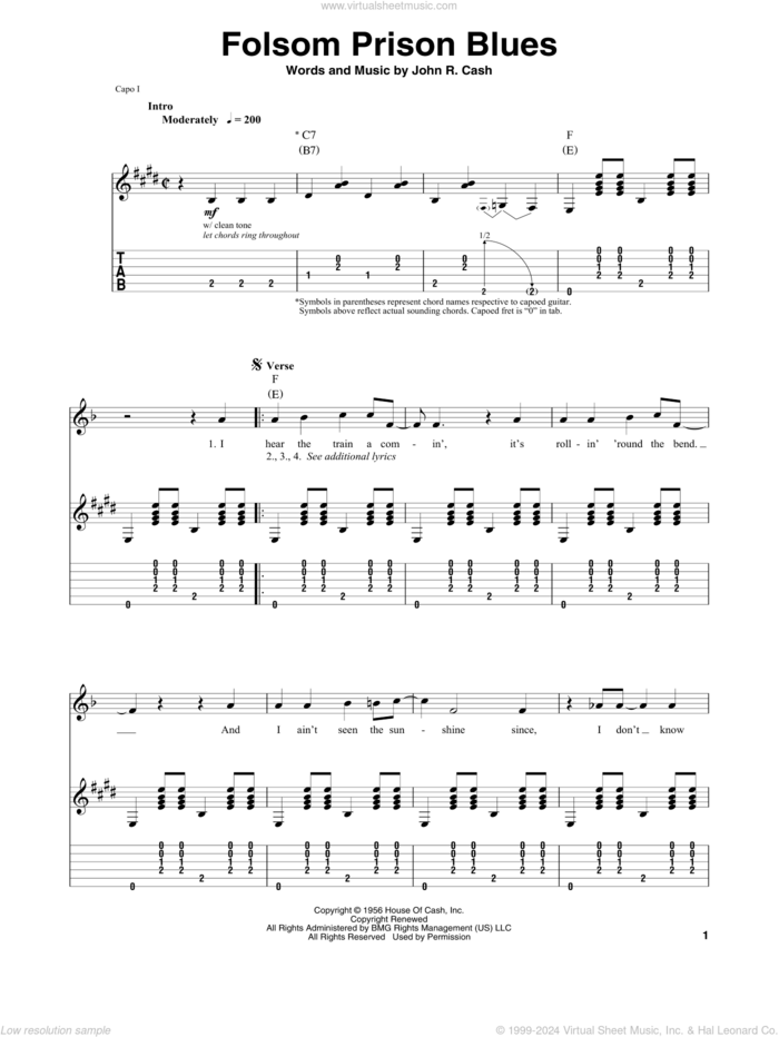 Folsom Prison Blues sheet music for guitar (tablature, play-along) by Johnny Cash, intermediate skill level