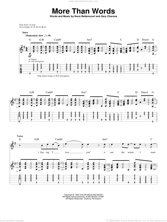 More Than Words sheet music for guitar (tablature, play-along) by Extreme, Gary Cherone and Nuno Bettencourt, wedding score, intermediate skill level