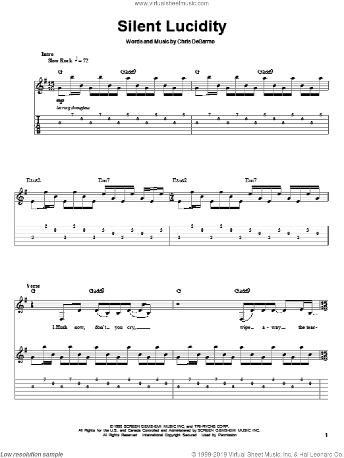 Silent Lucidity sheet music for guitar (tablature, play-along) by Queensryche and Chris DeGarmo, intermediate skill level