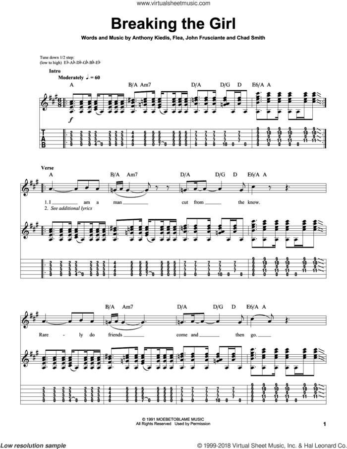 Breaking The Girl sheet music for guitar (tablature, play-along) by Red Hot Chili Peppers, Anthony Kiedis, Flea and John Frusciante, intermediate skill level