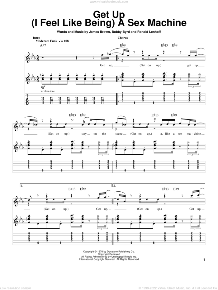 Get Up (I Feel Like Being) A Sex Machine sheet music for guitar (tablature, play-along) by James Brown, Bobby Byrd and Ronald Lenhoff, intermediate skill level