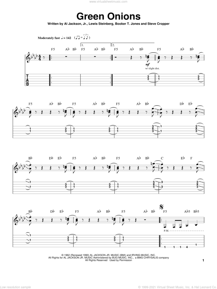 Green Onions sheet music for guitar (tablature, play-along) by Booker T. & The MG's, Al Jackson Jr., Booker T. Jones and Lewis Steinberg, intermediate skill level
