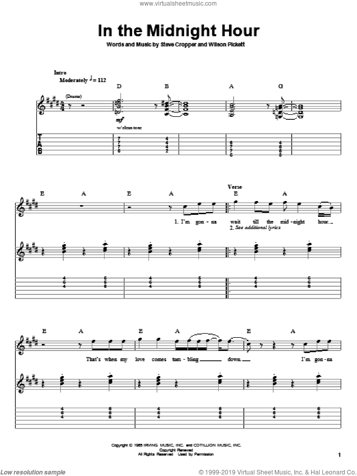 In The Midnight Hour sheet music for guitar (tablature, play-along) by Wilson Pickett and Steve Cropper, intermediate skill level