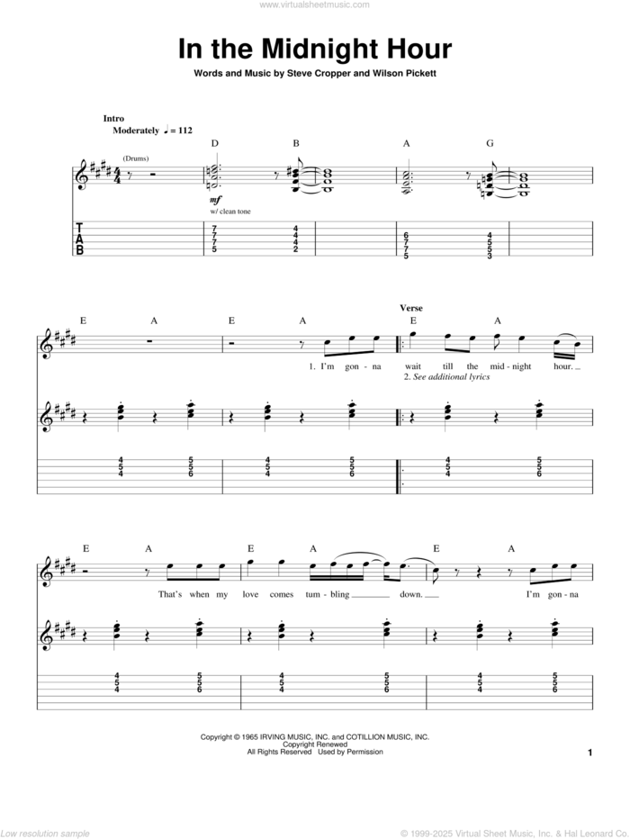 In The Midnight Hour sheet music for guitar (tablature, play-along) by Wilson Pickett and Steve Cropper, intermediate skill level