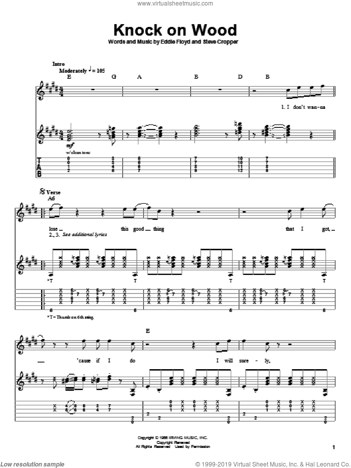 Knock On Wood sheet music for guitar (tablature, play-along) by Otis Redding, Eddie Floyd and Steve Cropper, intermediate skill level