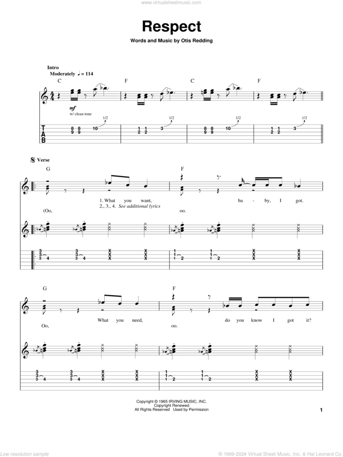 Respect sheet music for guitar (tablature, play-along) by Aretha Franklin and Otis Redding, intermediate skill level