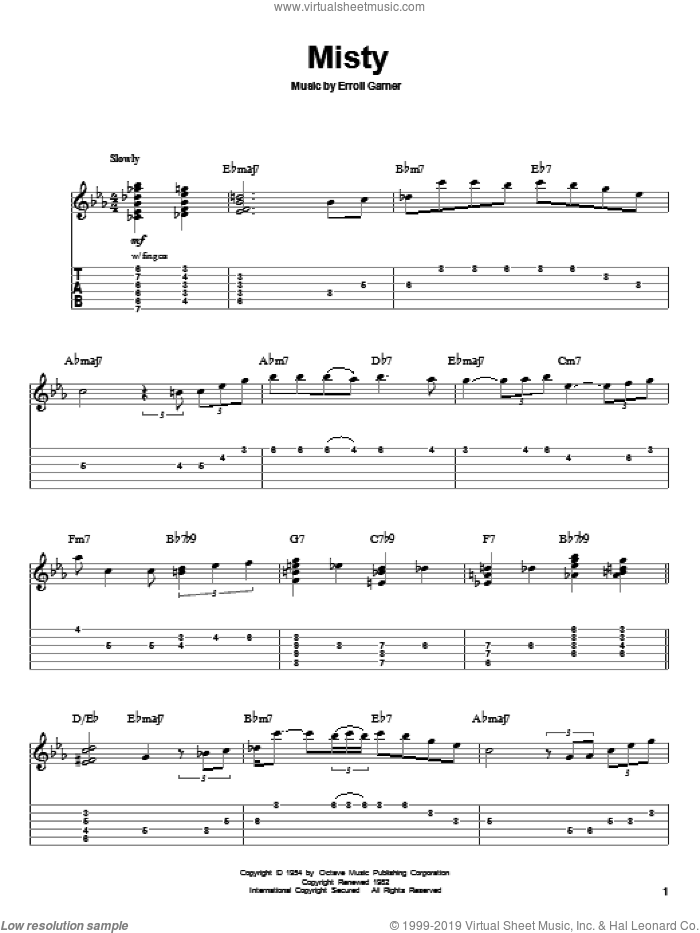 Misty sheet music for guitar (tablature, play-along) by Erroll Garner, Johnny Mathis and John Burke, intermediate skill level