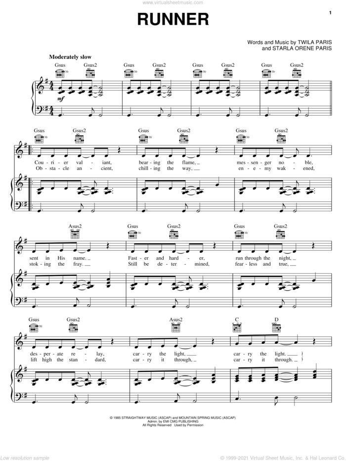 Runner sheet music for voice, piano or guitar by Twila Paris and Starla Orene Paris, intermediate skill level