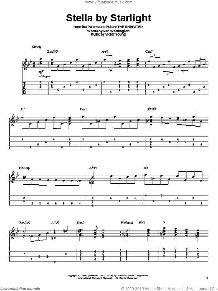 Stella By Starlight sheet music for guitar (tablature, play-along) by Victor Young and Ned Washington, intermediate skill level
