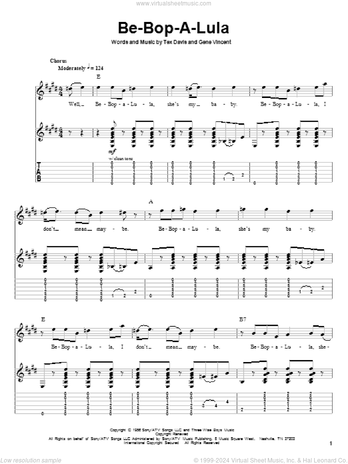 Be-Bop-A-Lula sheet music for guitar (tablature, play-along) by Gene Vincent and Tex Davis, intermediate skill level