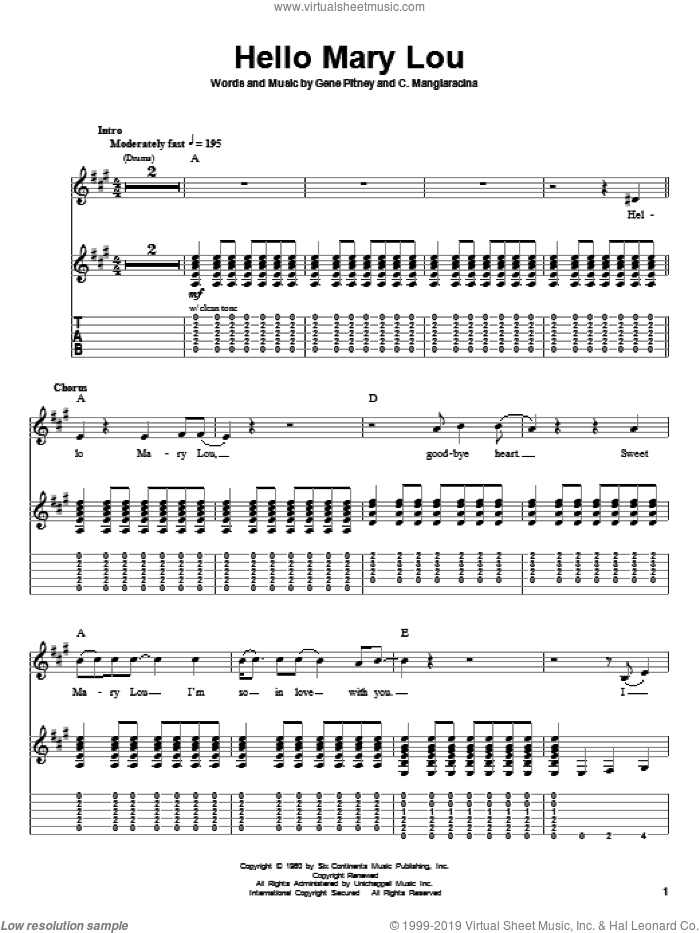 Hello Mary Lou sheet music for guitar (tablature, play-along) by Ricky Nelson, Creedence Clearwater Revival, The Statler Brothers, C. Mangiaracina and Gene Pitney, intermediate skill level
