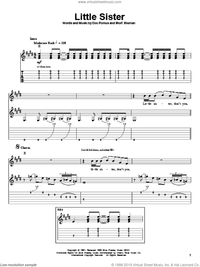 Little Sister sheet music for guitar (tablature, play-along) by Elvis Presley, Doc Pomus, Jerome Pomus and Mort Shuman, intermediate skill level