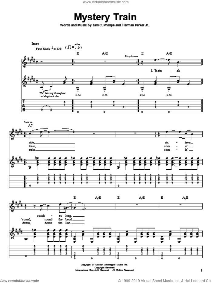 Mystery Train sheet music for guitar (tablature, play-along) by Elvis Presley, Herman Parker Jr and Sam C. Phillips, intermediate skill level