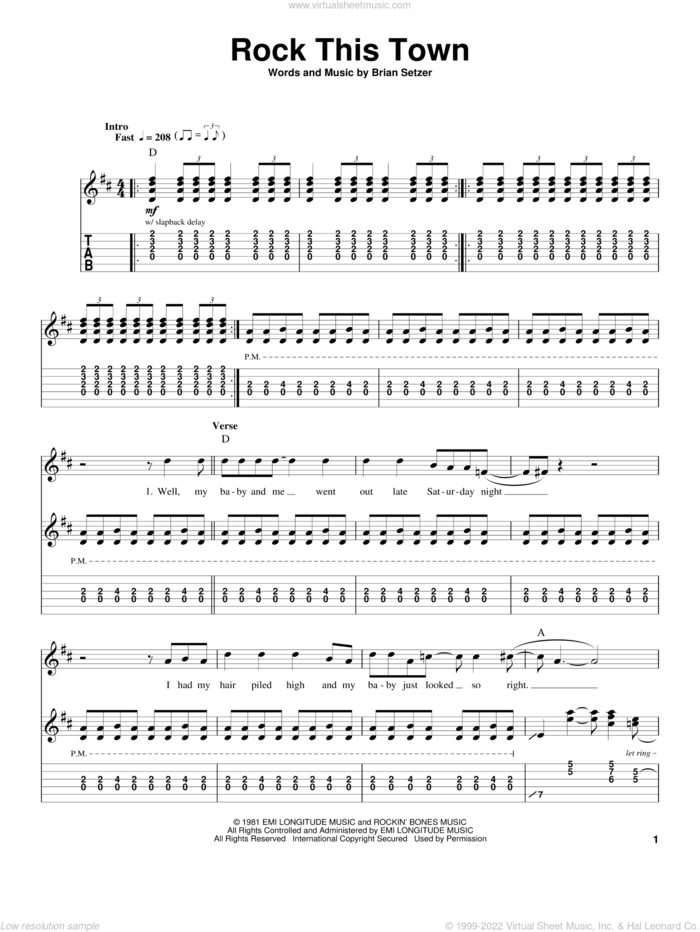 Rock This Town sheet music for guitar (tablature, play-along) by Stray Cats and Brian Setzer, intermediate skill level