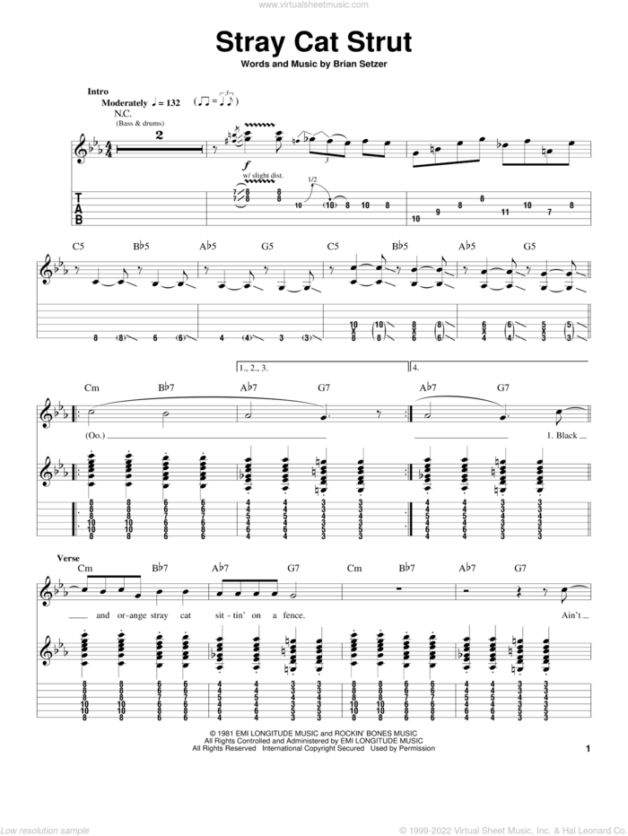 Stray Cat Strut sheet music for guitar (tablature, play-along) by Stray Cats and Brian Setzer, intermediate skill level