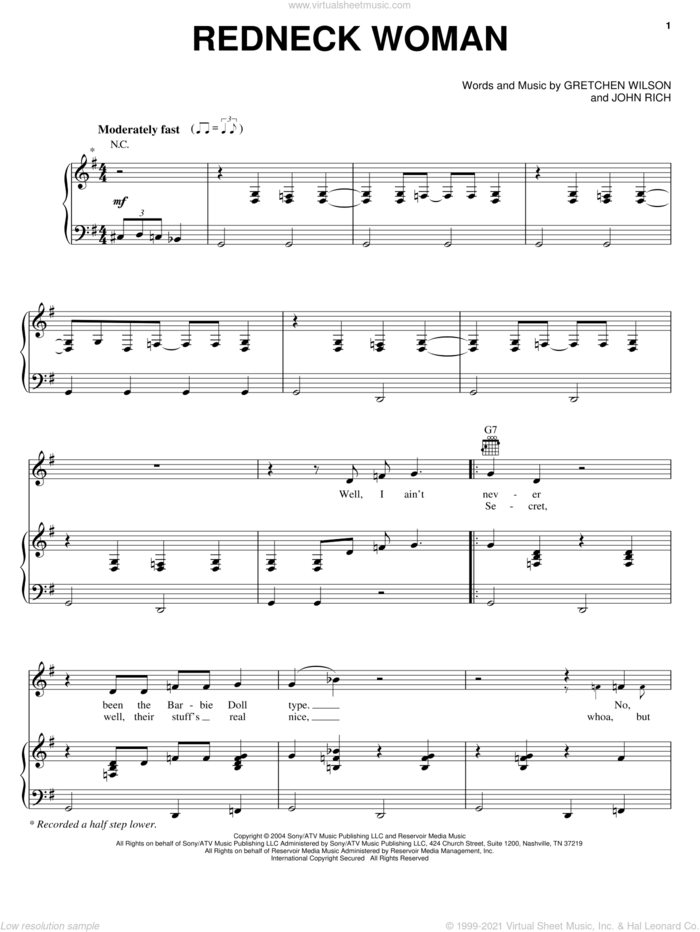 Redneck Woman sheet music for voice, piano or guitar by Gretchen Wilson and John Rich, intermediate skill level