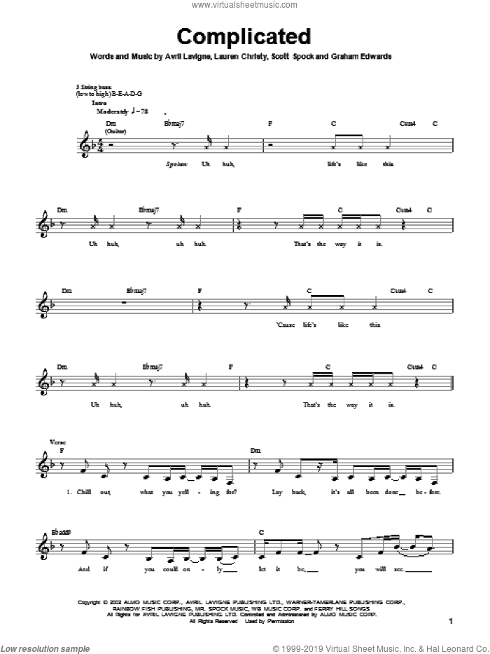 Complicated sheet music for bass (tablature) (bass guitar) by Avril Lavigne, Lauren Christy and Scott Spock, intermediate skill level
