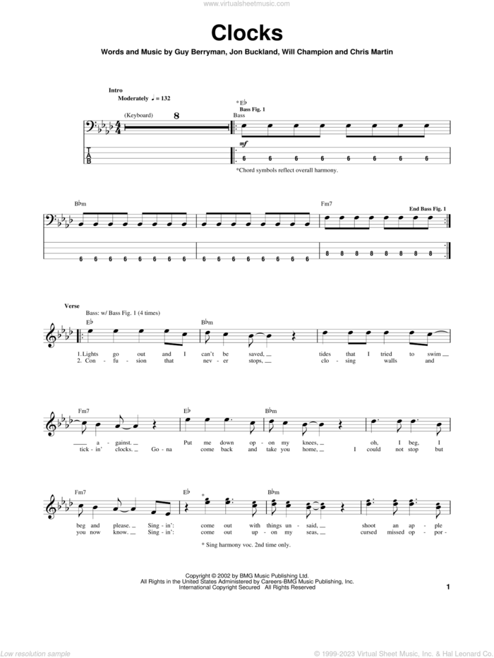 Clocks sheet music for bass (tablature) (bass guitar) by Coldplay, Guy Berryman, Jon Buckland and Will Champion, intermediate skill level