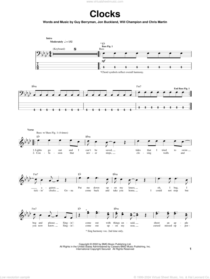 Clocks sheet music for bass (tablature) (bass guitar) by Coldplay, Guy Berryman, Jon Buckland and Will Champion, intermediate skill level