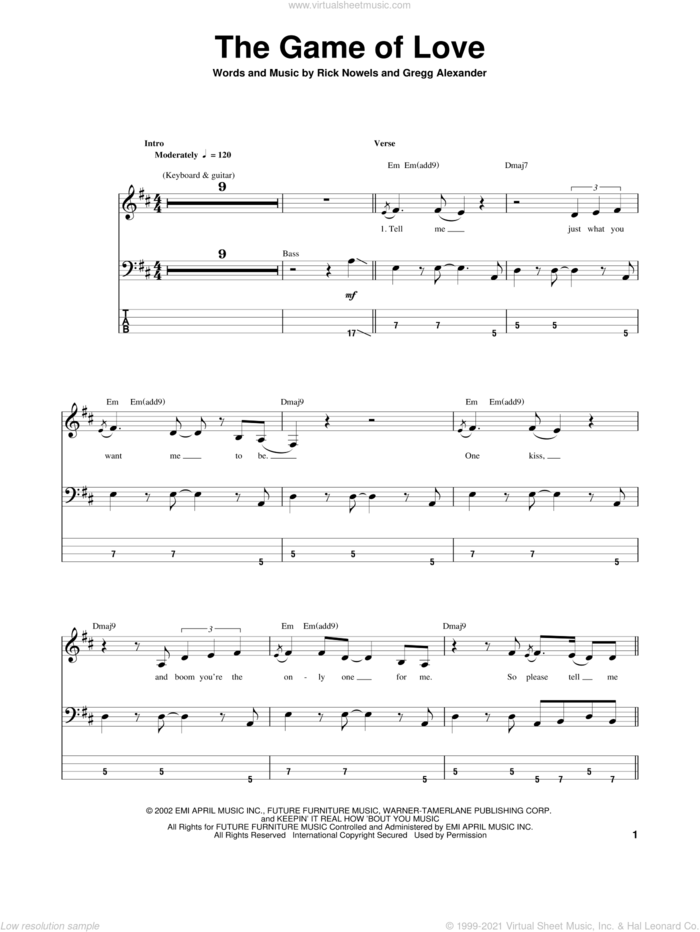 The Game Of Love sheet music for bass (tablature) (bass guitar) by Gregg Alexander, Carlos Santana, Michelle Branch and Rick Nowels, intermediate skill level