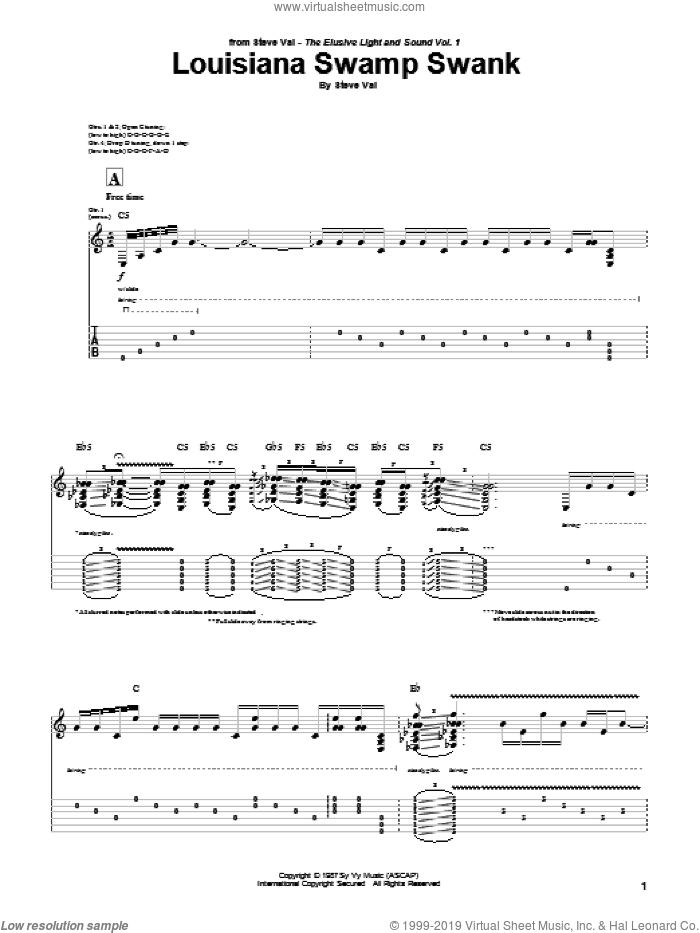 Louisiana Swamp Swank sheet music for guitar (tablature) by Steve Vai, intermediate skill level