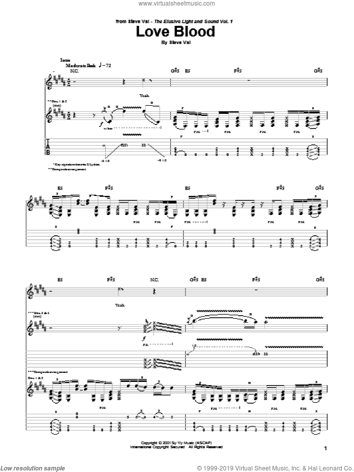 Love Blood sheet music for guitar (tablature) by Steve Vai, intermediate skill level