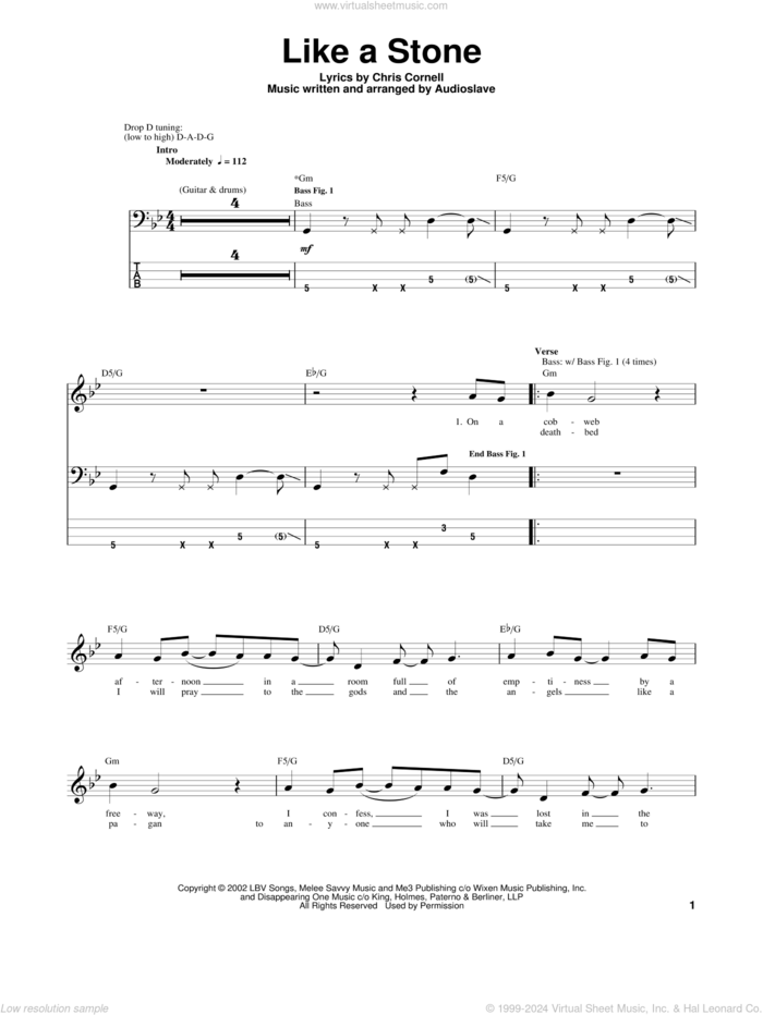 Like A Stone sheet music for bass (tablature) (bass guitar) by Audioslave and Chris Cornell, intermediate skill level