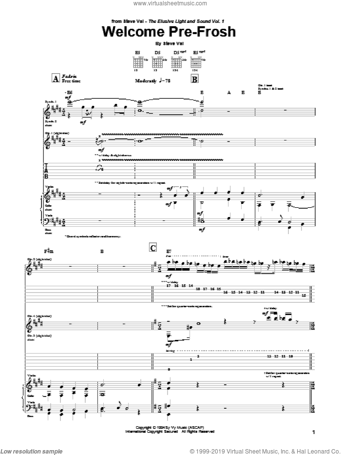 Welcome Pre-Frosh sheet music for guitar (tablature) by Steve Vai, intermediate skill level