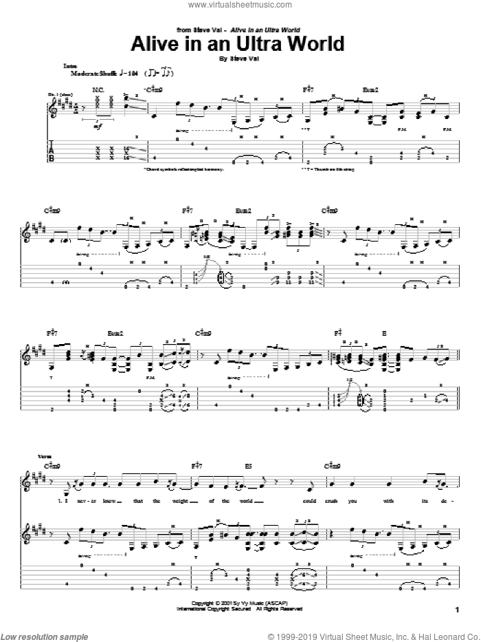 Alive In An Ultra World sheet music for guitar (tablature) by Steve Vai, intermediate skill level