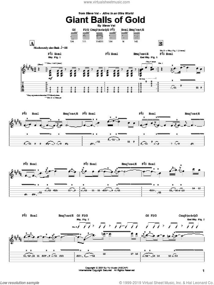 Giant Balls Of Gold sheet music for guitar (tablature) by Steve Vai, intermediate skill level