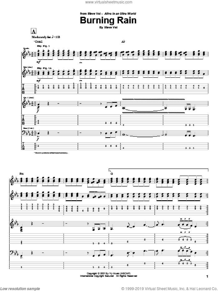 Burning Rain sheet music for guitar (tablature) by Steve Vai, intermediate skill level