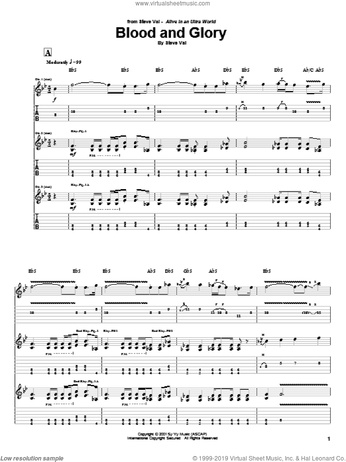 Blood And Glory sheet music for guitar (tablature) by Steve Vai, intermediate skill level