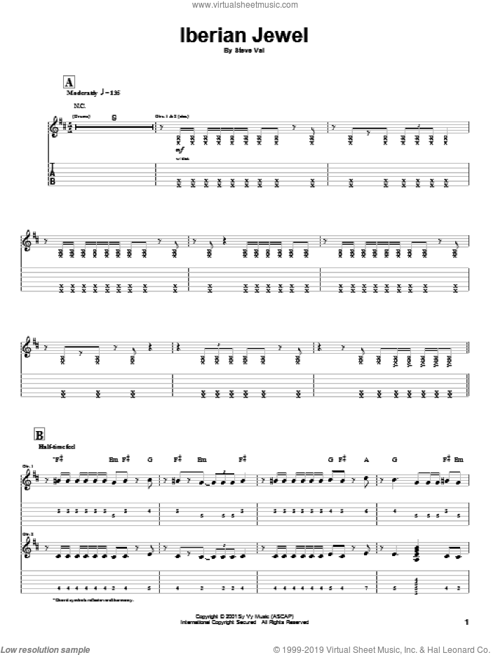 Iberian Jewel sheet music for guitar (tablature) by Steve Vai, intermediate skill level
