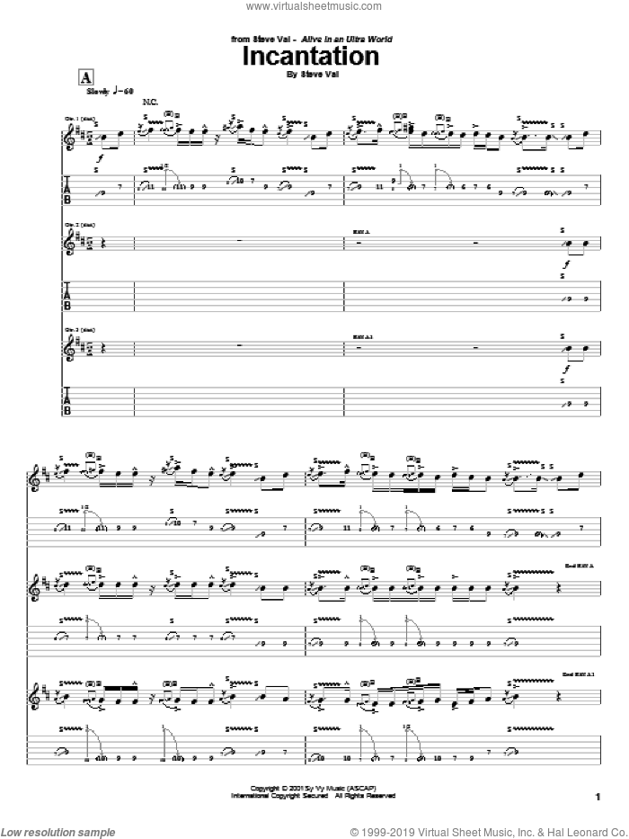 Incantation sheet music for guitar (tablature) by Steve Vai, intermediate skill level