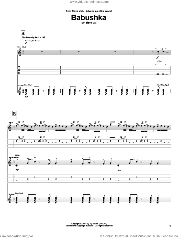 Babushka sheet music for guitar (tablature) by Steve Vai, intermediate skill level