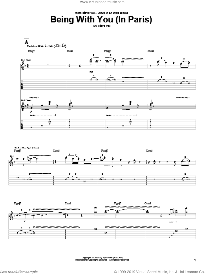 Being With You (In Paris) sheet music for guitar (tablature) by Steve Vai, intermediate skill level