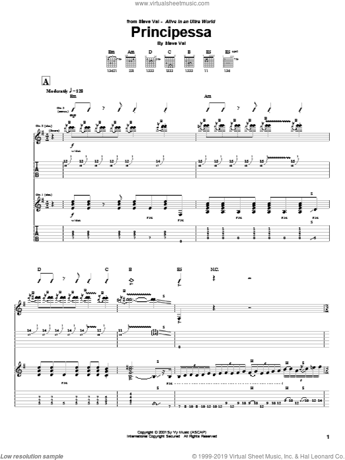 Principessa sheet music for guitar (tablature) by Steve Vai, intermediate skill level