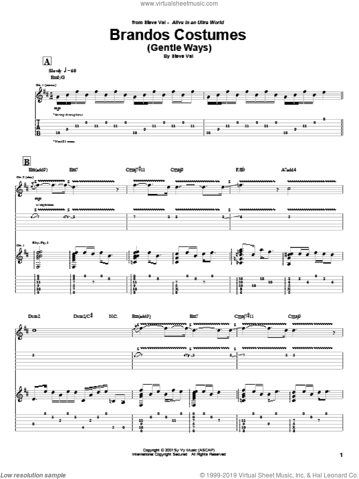 Brandos Costumes (Gentle Ways) sheet music for guitar (tablature) by Steve Vai, intermediate skill level