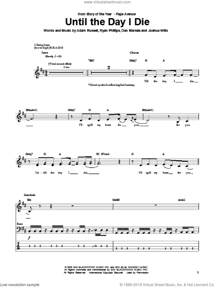 Until The Day I Die sheet music for bass (tablature) (bass guitar) by Story Of The Year, Adam Russell, Dan Marsala and Ryan Phillips, intermediate skill level