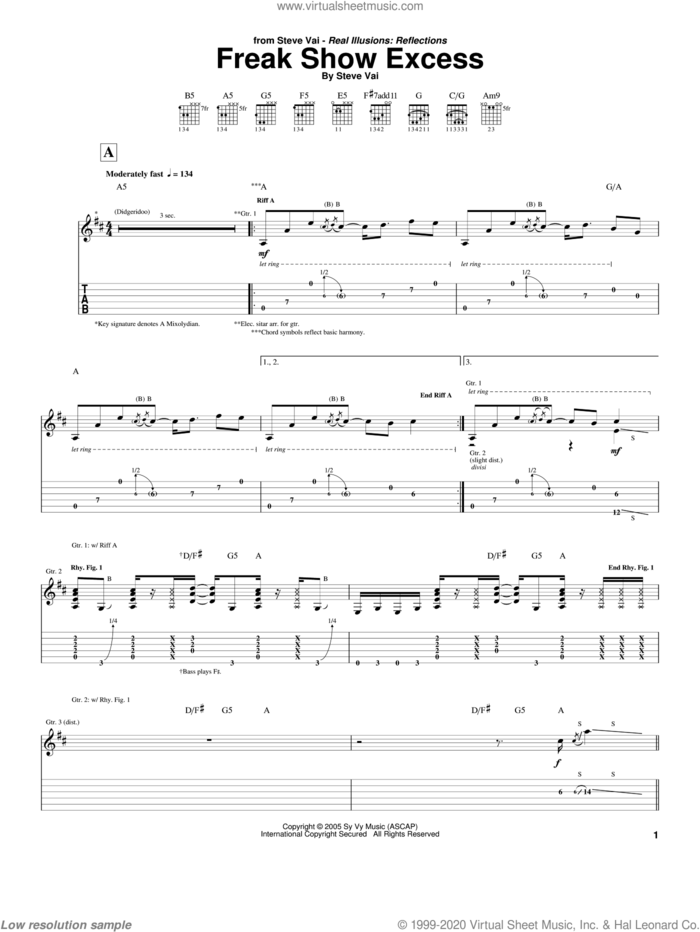Freak Show Excess sheet music for guitar (tablature) by Steve Vai, intermediate skill level